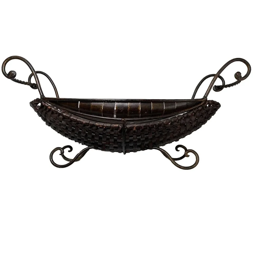 Woven Brown Wicker Wrought Iron Embellished Oval Large Fruit Heavy Basket MCM